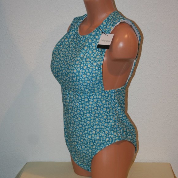 Wenly Zeng Large High Scoop Neck One Pc Swimsuit Back Zipper Blue Flowers Womens - Picture 9 of 13